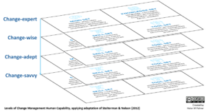 A layered diagram illustrating four levels of organisational change management human capability: Change-savvy, Change-adept, Change-wise, and Change-expert. The layers progress upward from everyday participation in organisational change (change-savvy) through increasing capability, with each level showing combinations of mindset, skill set, tool set, and knowledge set. The lower levels emphasise skill set and tool set, while the higher levels incorporate mindset and knowledge set to demonstrate deeper judgement, perspective, and expertise in organisational change management practice. A caption reads: “Levels of Change Management Human Capability, applying adaptation of Stolterman & Nelson (2012).” The graphic is credited to Helen M Palmer and marked with a Creative Commons BY-NC-ND licence.